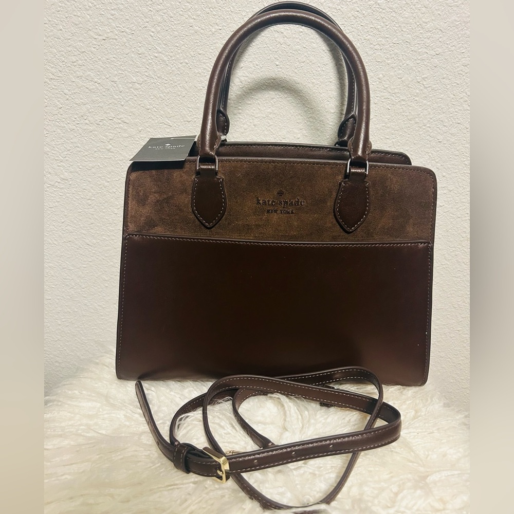 Kate Spade Madison Suede Mixed Material Hot Fudge Brown Satchel Crossbody NWT